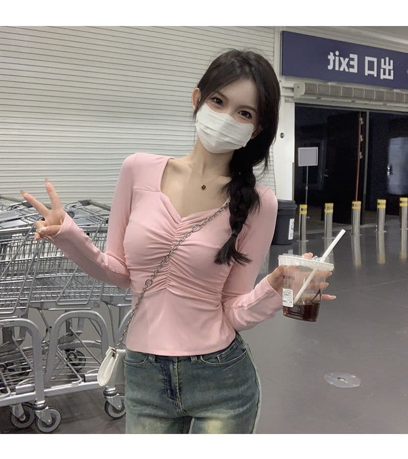 핫걸 쇼트 스타일 이슬 쇄골 긴팔 티셔츠 여성 가을 도파민 착용 가져 가라. 몸매 가꾸기 맨위 인사이드 가져 가라. 기본 셔츠 상세 이미지 15