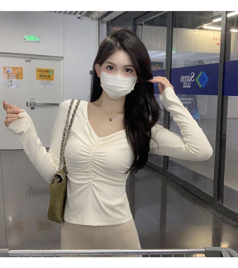 핫걸 쇼트 스타일 이슬 쇄골 긴팔 티셔츠 여성 가을 도파민 착용 가져 가라. 몸매 가꾸기 맨위 인사이드 가져 가라. 기본 셔츠 상세 이미지 16