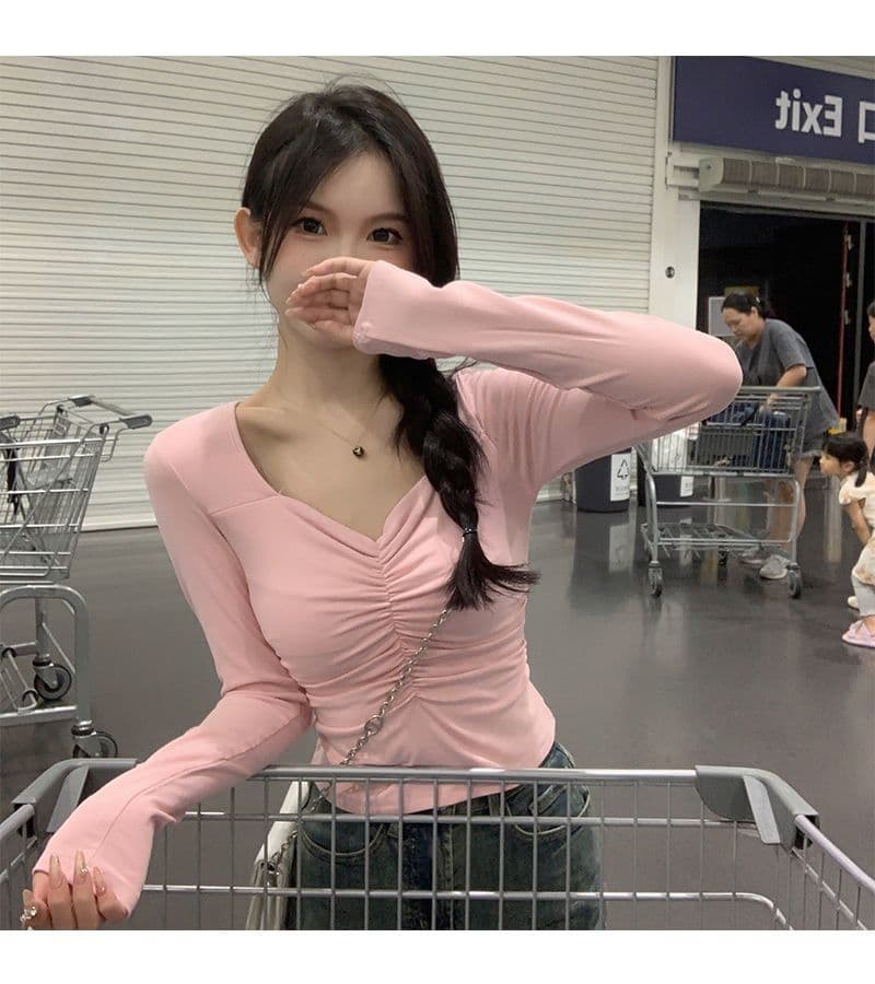 핫걸 쇼트 스타일 이슬 쇄골 긴팔 티셔츠 여성 가을 도파민 착용 가져 가라. 몸매 가꾸기 맨위 인사이드 가져 가라. 기본 셔츠 상세 이미지 19