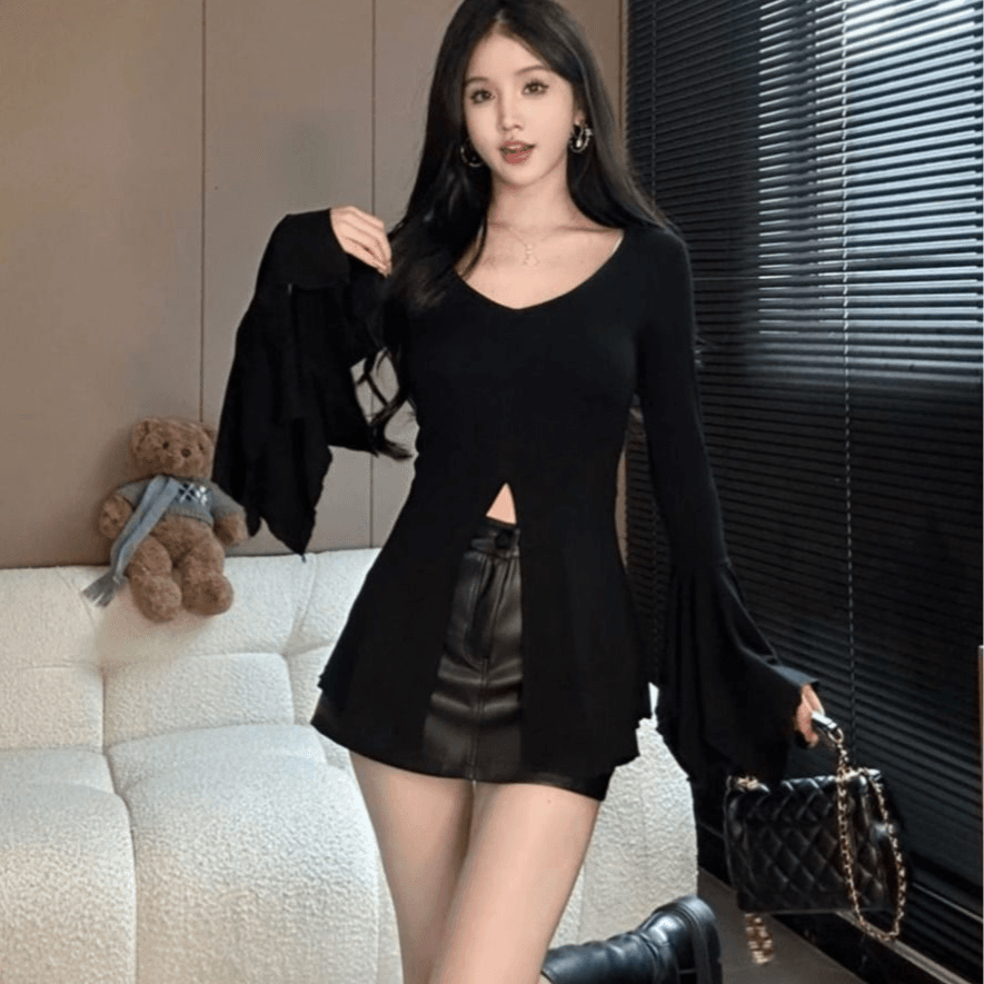 빅 사이즈 지방 mm 한국 스타일 나팔 소매 V넥 트임 긴팔 티셔츠 여성 새로운 가을 불규칙 몸매 가꾸기 슬림해 보이는 맨위 이미지 4