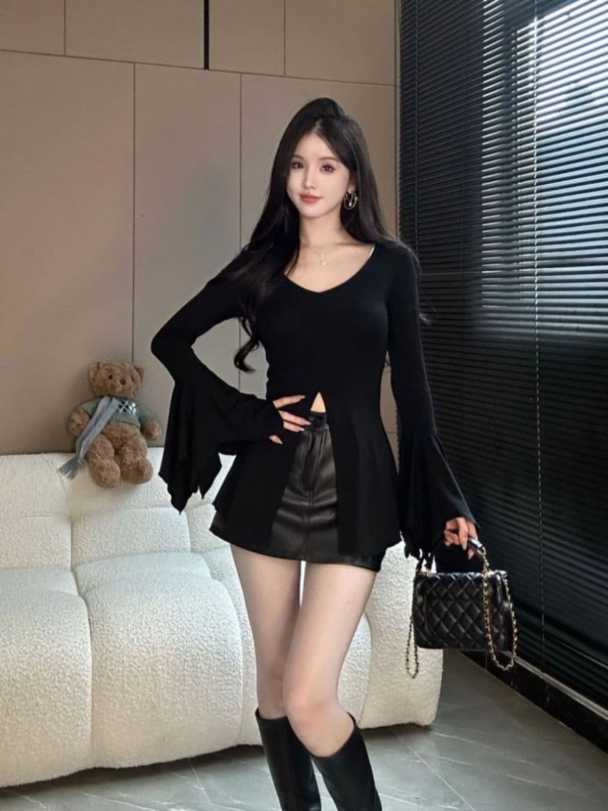 빅 사이즈 지방 mm 한국 스타일 나팔 소매 V넥 트임 긴팔 티셔츠 여성 새로운 가을 불규칙 몸매 가꾸기 슬림해 보이는 맨위 상세 이미지 11