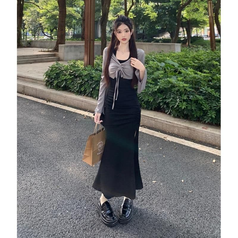가을 의상 코디 에이즈 환자 세트 드레스 여성 이른 가을 새로운 검정색 행침 목 드레스 코디 긴팔 오픈 가디건 투피스 세트 이미지 3