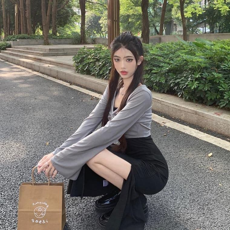 가을 의상 코디 에이즈 환자 세트 드레스 여성 이른 가을 새로운 검정색 행침 목 드레스 코디 긴팔 오픈 가디건 투피스 세트 상세 이미지 3