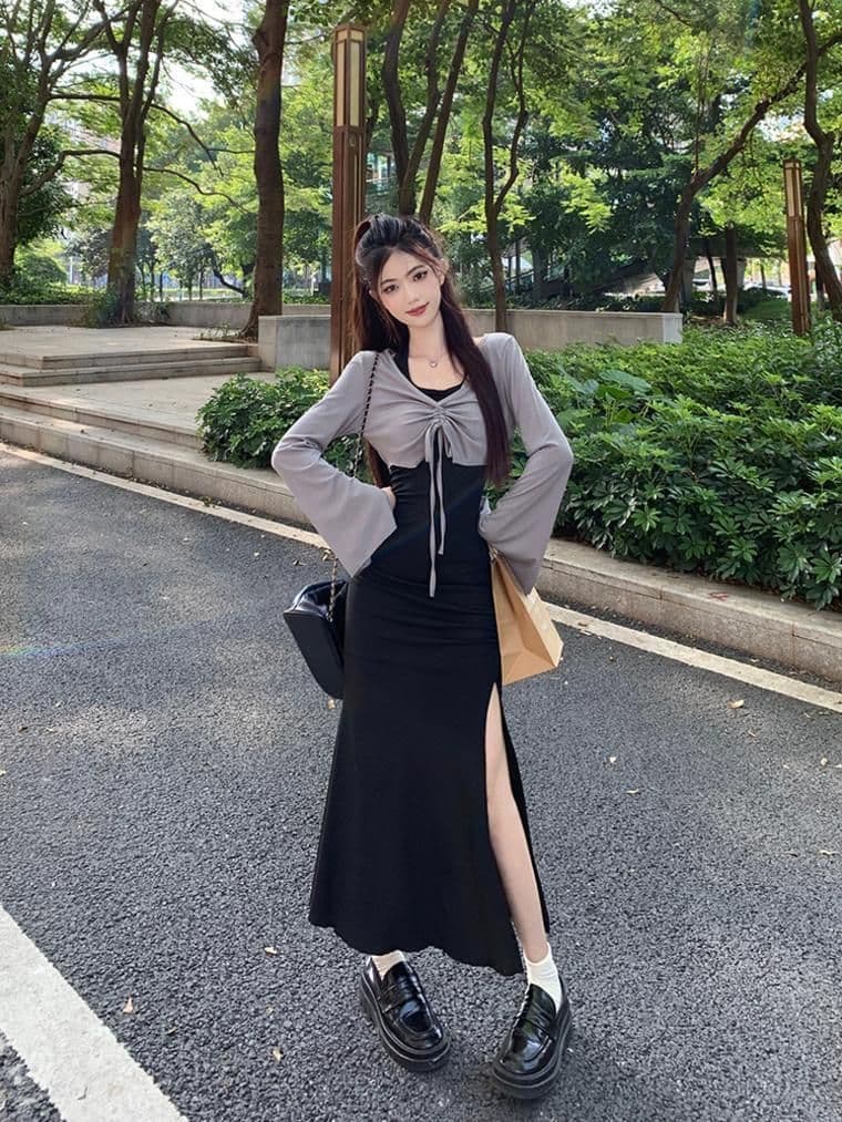 가을 의상 코디 에이즈 환자 세트 드레스 여성 이른 가을 새로운 검정색 행침 목 드레스 코디 긴팔 오픈 가디건 투피스 세트 상세 이미지 6