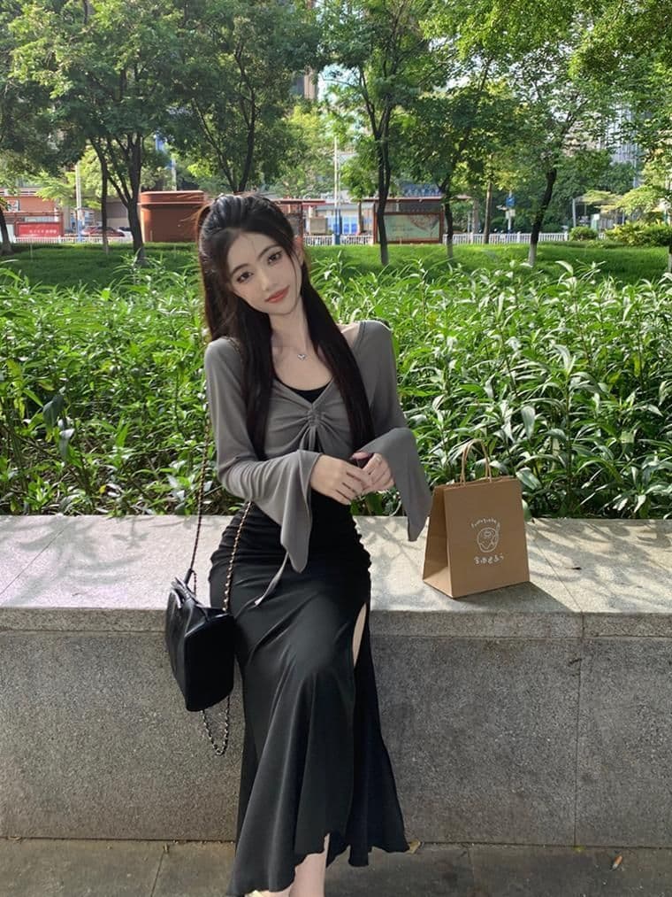 가을 의상 코디 에이즈 환자 세트 드레스 여성 이른 가을 새로운 검정색 행침 목 드레스 코디 긴팔 오픈 가디건 투피스 세트 상세 이미지 7