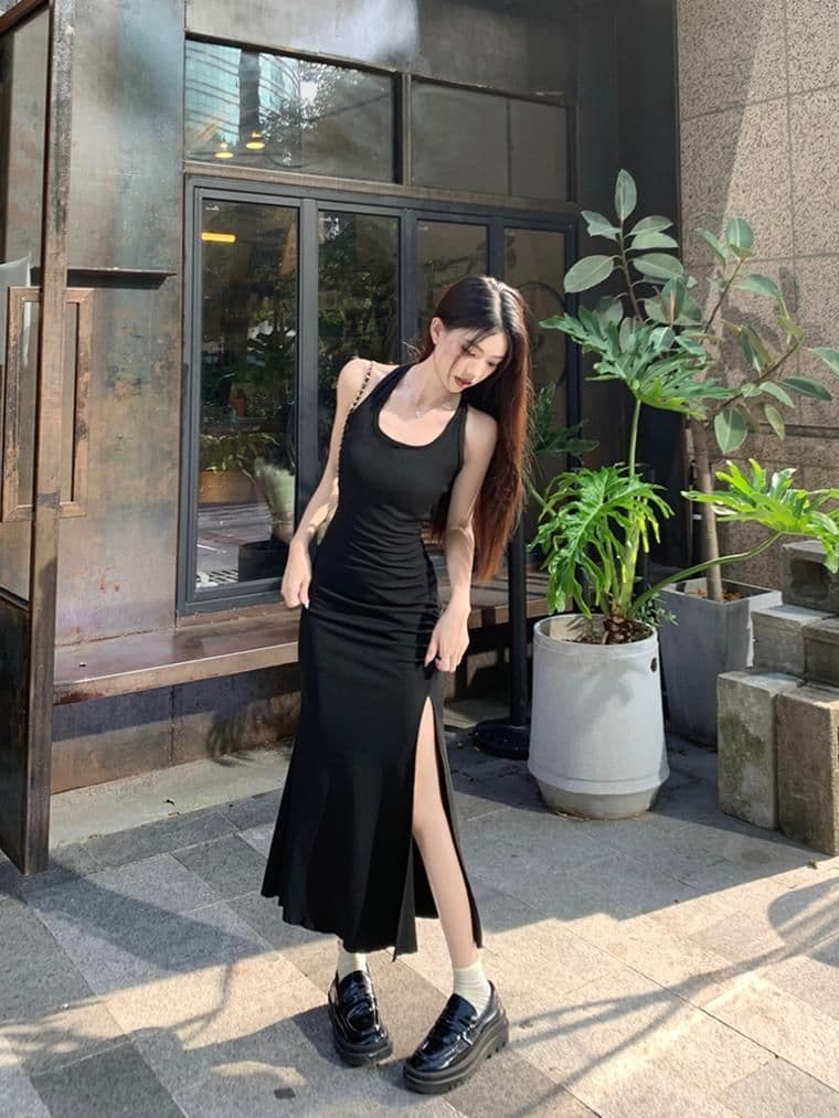 가을 의상 코디 에이즈 환자 세트 드레스 여성 이른 가을 새로운 검정색 행침 목 드레스 코디 긴팔 오픈 가디건 투피스 세트 상세 이미지 8