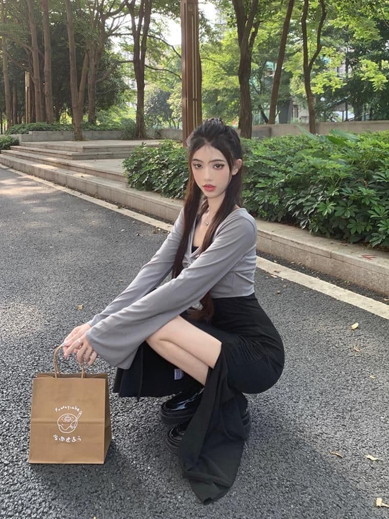 가을 의상 코디 에이즈 환자 세트 드레스 여성 이른 가을 새로운 검정색 행침 목 드레스 코디 긴팔 오픈 가디건 투피스 세트 상세 이미지 9