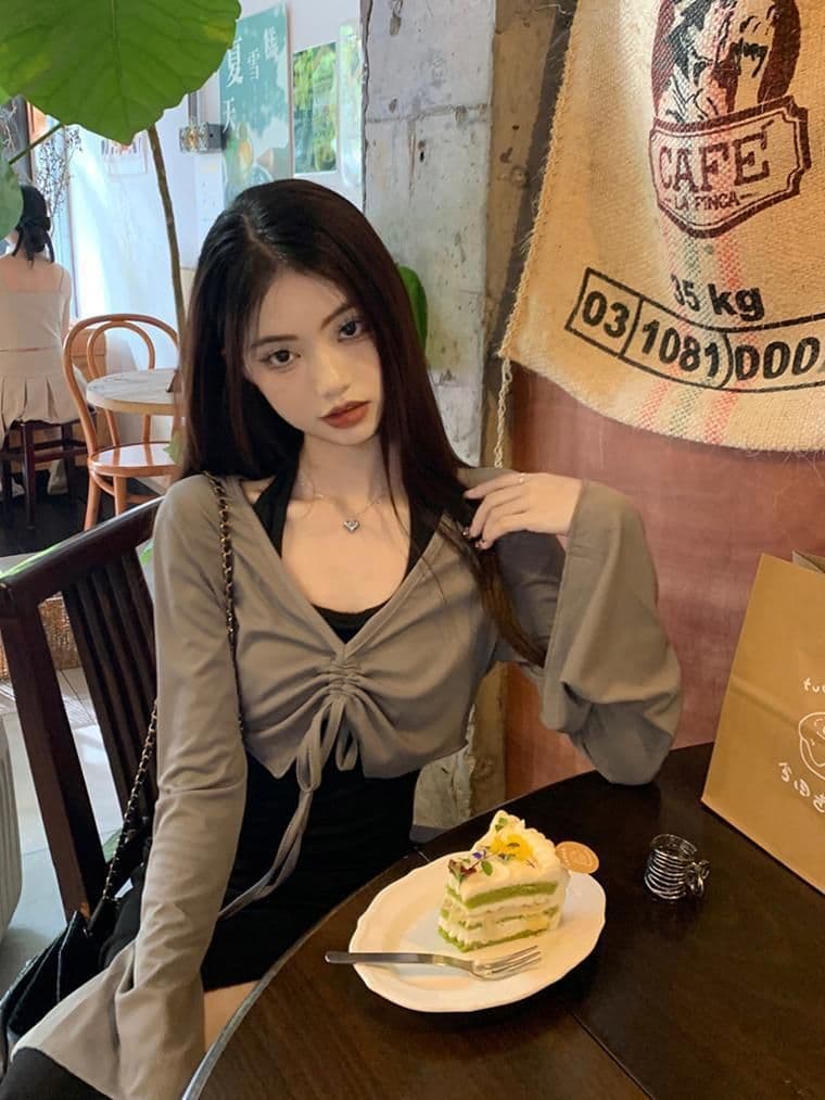 가을 의상 코디 에이즈 환자 세트 드레스 여성 이른 가을 새로운 검정색 행침 목 드레스 코디 긴팔 오픈 가디건 투피스 세트 상세 이미지 10