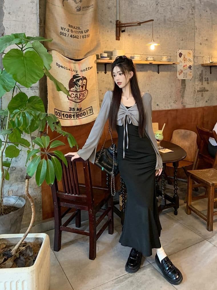 가을 의상 코디 에이즈 환자 세트 드레스 여성 이른 가을 새로운 검정색 행침 목 드레스 코디 긴팔 오픈 가디건 투피스 세트 상세 이미지 12