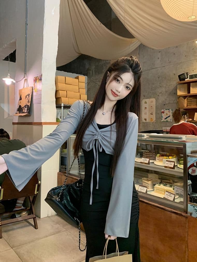 가을 의상 코디 에이즈 환자 세트 드레스 여성 이른 가을 새로운 검정색 행침 목 드레스 코디 긴팔 오픈 가디건 투피스 세트 상세 이미지 13