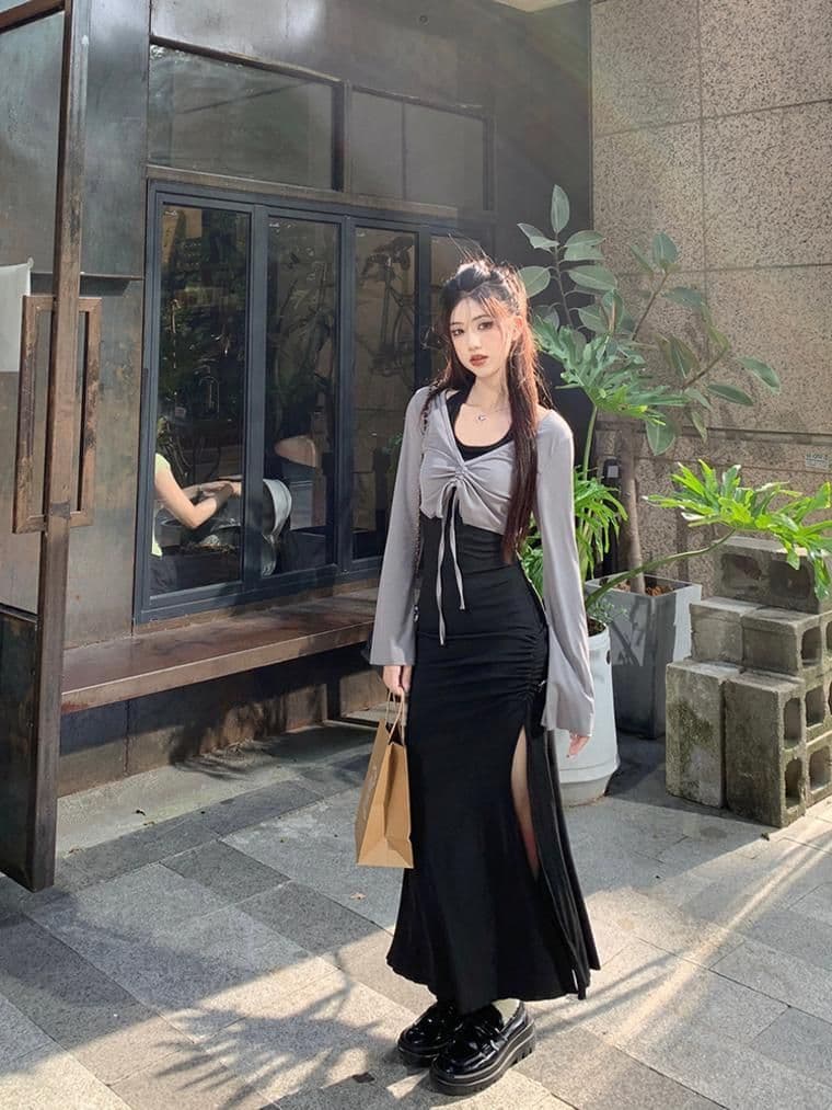 가을 의상 코디 에이즈 환자 세트 드레스 여성 이른 가을 새로운 검정색 행침 목 드레스 코디 긴팔 오픈 가디건 투피스 세트 상세 이미지 14