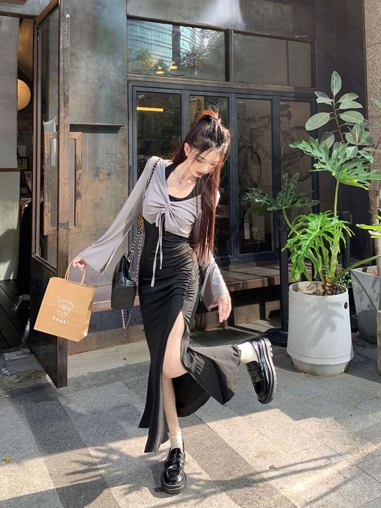 가을 의상 코디 에이즈 환자 세트 드레스 여성 이른 가을 새로운 검정색 행침 목 드레스 코디 긴팔 오픈 가디건 투피스 세트 상세 이미지 15