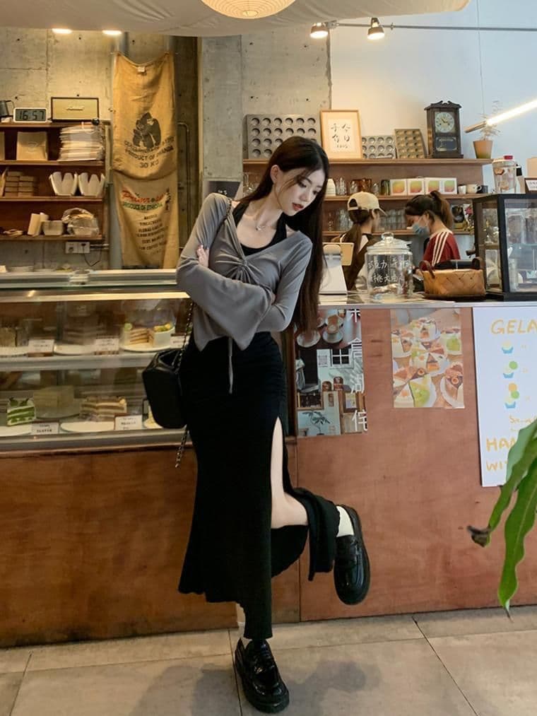 가을 의상 코디 에이즈 환자 세트 드레스 여성 이른 가을 새로운 검정색 행침 목 드레스 코디 긴팔 오픈 가디건 투피스 세트 상세 이미지 16