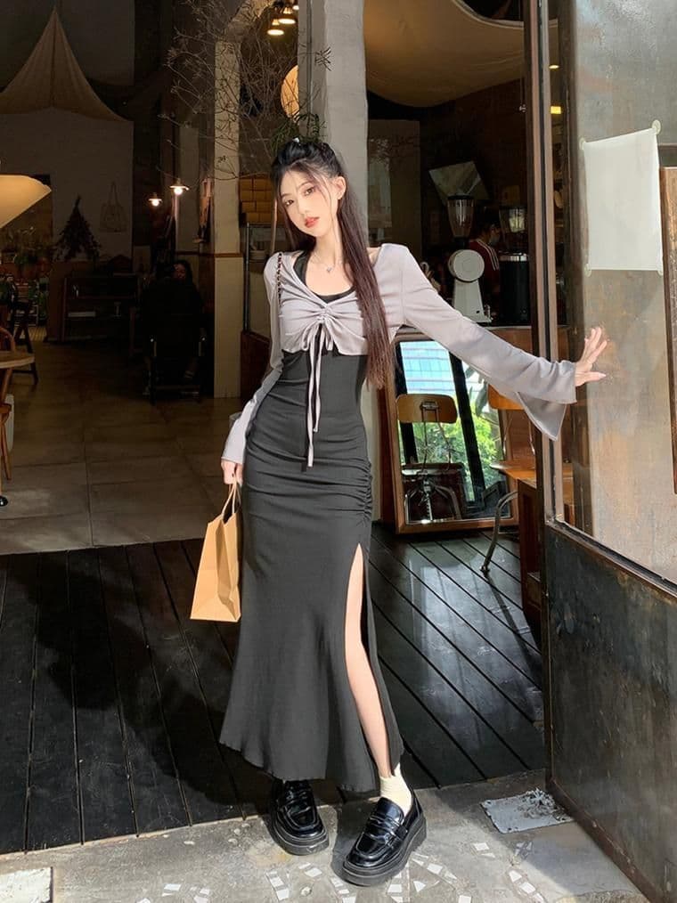 가을 의상 코디 에이즈 환자 세트 드레스 여성 이른 가을 새로운 검정색 행침 목 드레스 코디 긴팔 오픈 가디건 투피스 세트 상세 이미지 18