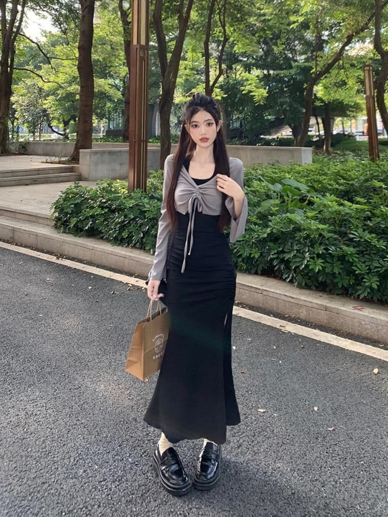 가을 의상 코디 에이즈 환자 세트 드레스 여성 이른 가을 새로운 검정색 행침 목 드레스 코디 긴팔 오픈 가디건 투피스 세트 상세 이미지 19