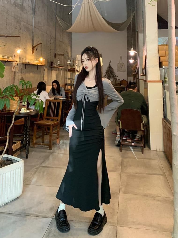 가을 의상 코디 에이즈 환자 세트 드레스 여성 이른 가을 새로운 검정색 행침 목 드레스 코디 긴팔 오픈 가디건 투피스 세트 상세 이미지 20