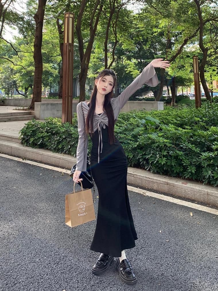 가을 의상 코디 에이즈 환자 세트 드레스 여성 이른 가을 새로운 검정색 행침 목 드레스 코디 긴팔 오픈 가디건 투피스 세트 상세 이미지 21