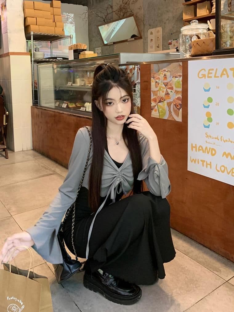 가을 의상 코디 에이즈 환자 세트 드레스 여성 이른 가을 새로운 검정색 행침 목 드레스 코디 긴팔 오픈 가디건 투피스 세트 상세 이미지 22