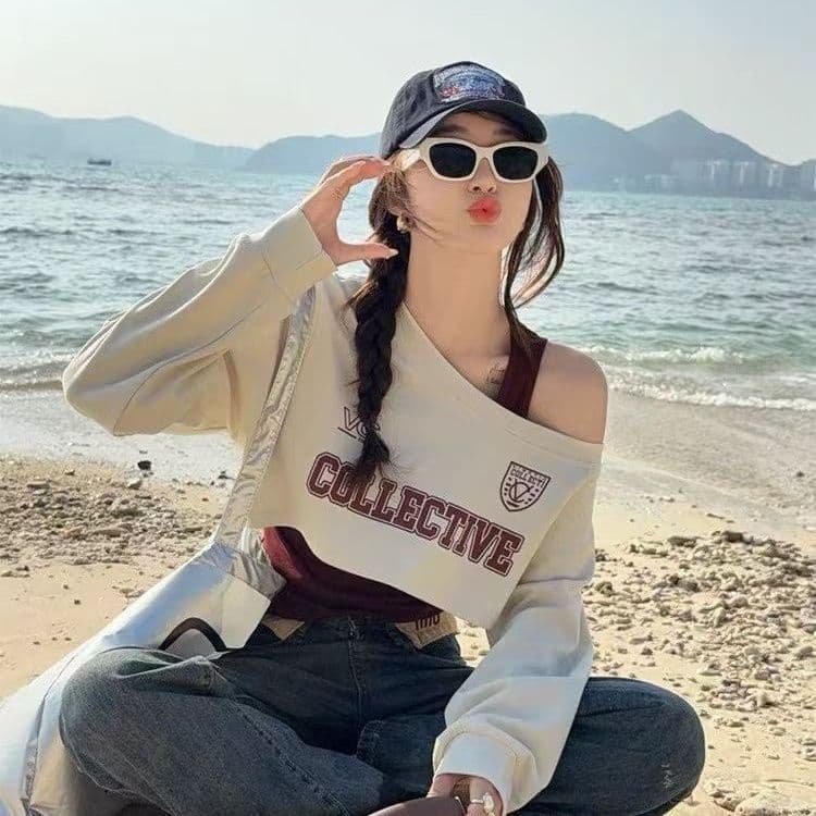 2026 가을 여성 새로운 비스듬한 어깨 긴팔 후드티 티셔츠 슬립 스택 착용 사실 투피스 세트 오프숄더 패션 작은 맨위