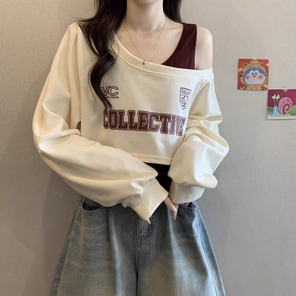 2026 가을 여성 새로운 비스듬한 어깨 긴팔 후드티 티셔츠 슬립 스택 착용 사실 투피스 세트 오프숄더 패션 작은 맨위 상세 이미지 7