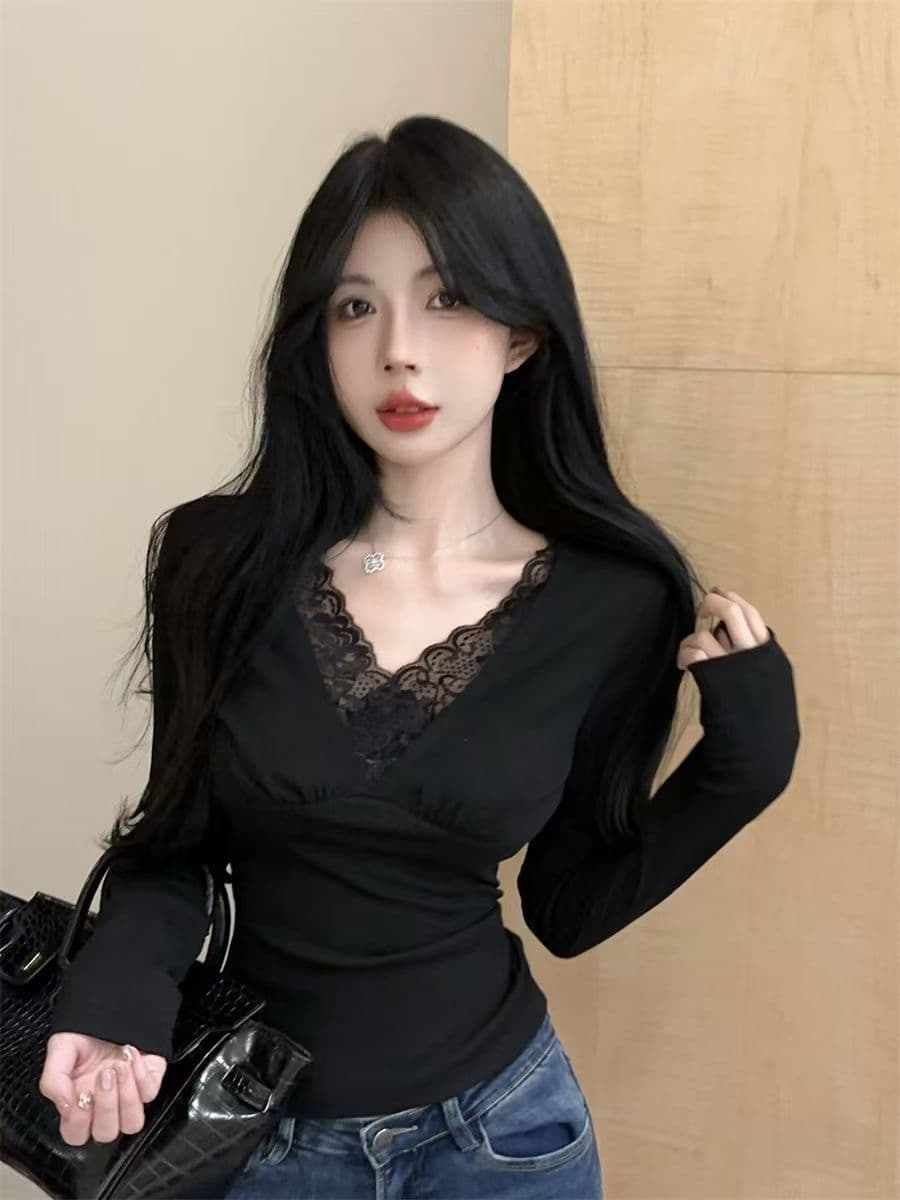 가을 순수한 욕망 패치워크 긴팔 레이스 맨위 새로운 슬림해 보이는 디자인 몸매 가꾸기 쇼트 스타일 티셔츠 기본 셔츠 여성 상세 이미지 6