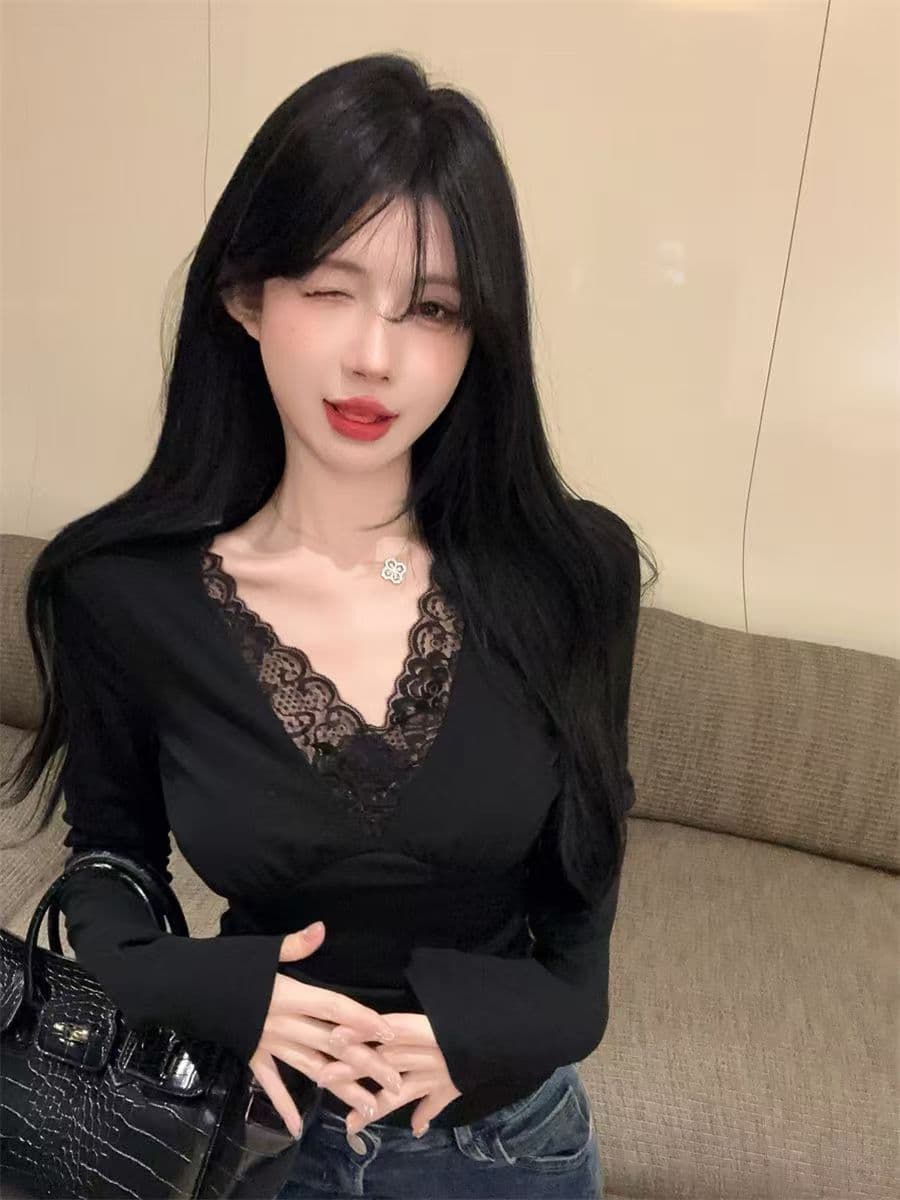 가을 순수한 욕망 패치워크 긴팔 레이스 맨위 새로운 슬림해 보이는 디자인 몸매 가꾸기 쇼트 스타일 티셔츠 기본 셔츠 여성 상세 이미지 10