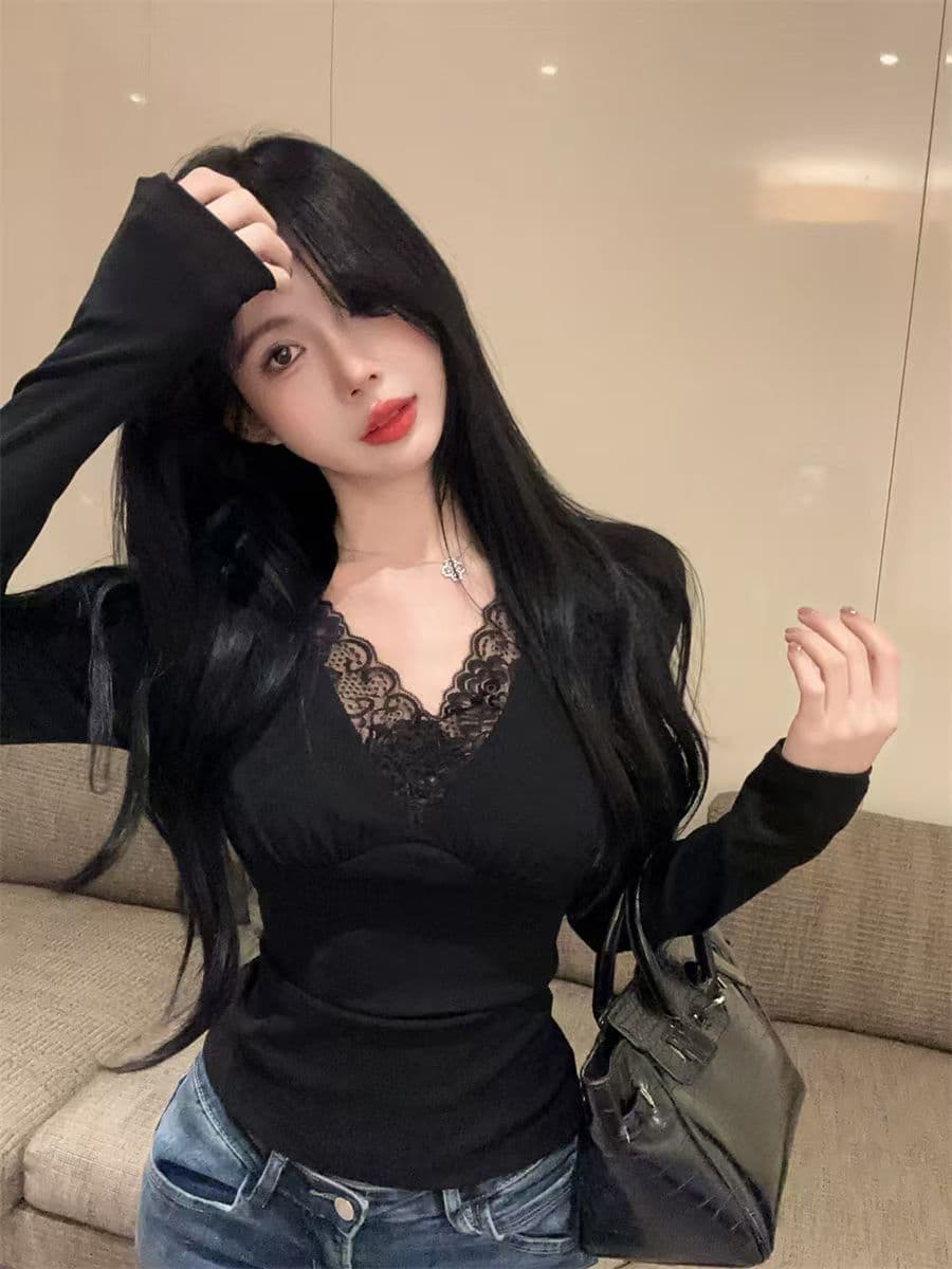 가을 순수한 욕망 패치워크 긴팔 레이스 맨위 새로운 슬림해 보이는 디자인 몸매 가꾸기 쇼트 스타일 티셔츠 기본 셔츠 여성 상세 이미지 13