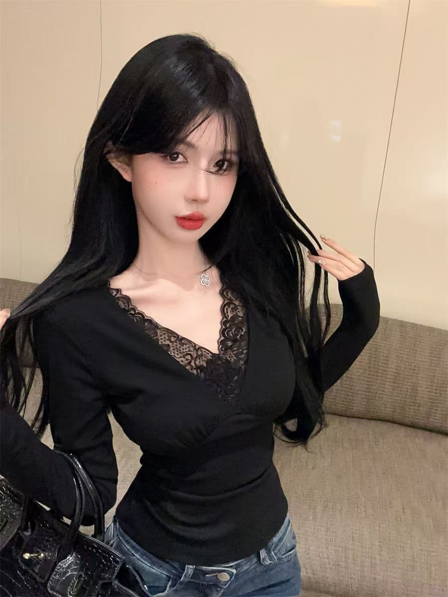 가을 순수한 욕망 패치워크 긴팔 레이스 맨위 새로운 슬림해 보이는 디자인 몸매 가꾸기 쇼트 스타일 티셔츠 기본 셔츠 여성 상세 이미지 14