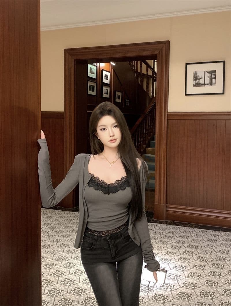 레이스 레이스 순수한 욕망 바람 핫걸 긴팔 순수한 욕망 니트 세트 카디건 코트 캐미솔 맨위 투피스 세트 상세 이미지 15