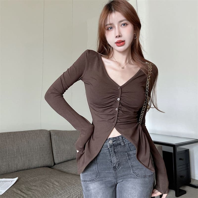 순수한 욕망 달콤한 매운맛 V넥 기본 셔츠 여성 외국 가스 디자인 센스 불규칙 주름 몸매 가꾸기 인사이드 잡아라. 의류 가을 겨울 새로운 상세 이미지 7