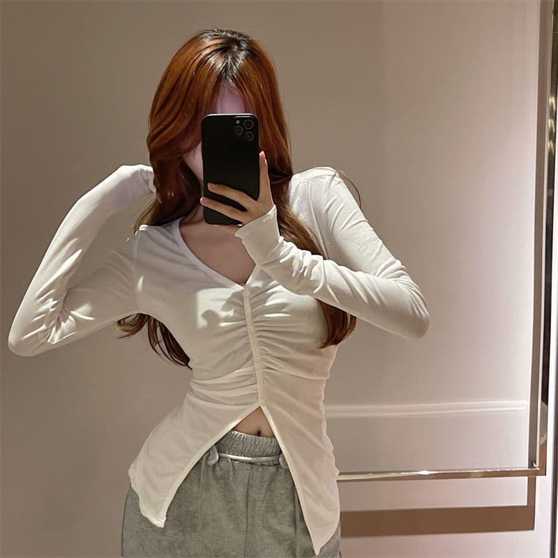 순수한 욕망 달콤한 매운맛 V넥 기본 셔츠 여성 외국 가스 디자인 센스 불규칙 주름 몸매 가꾸기 인사이드 잡아라. 의류 가을 겨울 새로운 상세 이미지 10