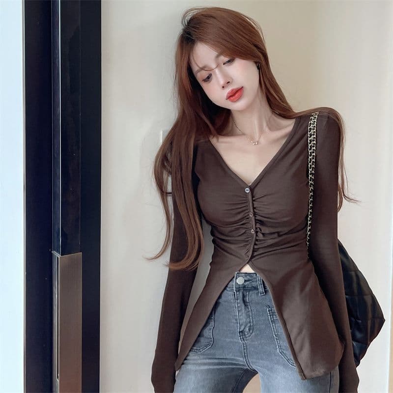 순수한 욕망 달콤한 매운맛 V넥 기본 셔츠 여성 외국 가스 디자인 센스 불규칙 주름 몸매 가꾸기 인사이드 잡아라. 의류 가을 겨울 새로운 상세 이미지 11