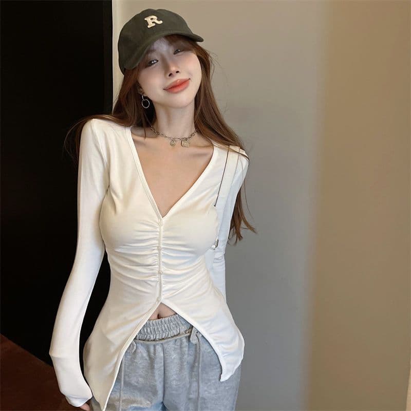 순수한 욕망 달콤한 매운맛 V넥 기본 셔츠 여성 외국 가스 디자인 센스 불규칙 주름 몸매 가꾸기 인사이드 잡아라. 의류 가을 겨울 새로운 상세 이미지 16