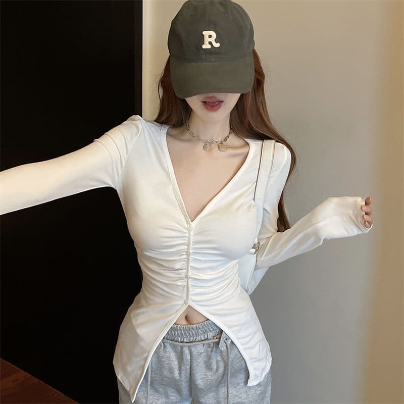 순수한 욕망 달콤한 매운맛 V넥 기본 셔츠 여성 외국 가스 디자인 센스 불규칙 주름 몸매 가꾸기 인사이드 잡아라. 의류 가을 겨울 새로운 상세 이미지 20