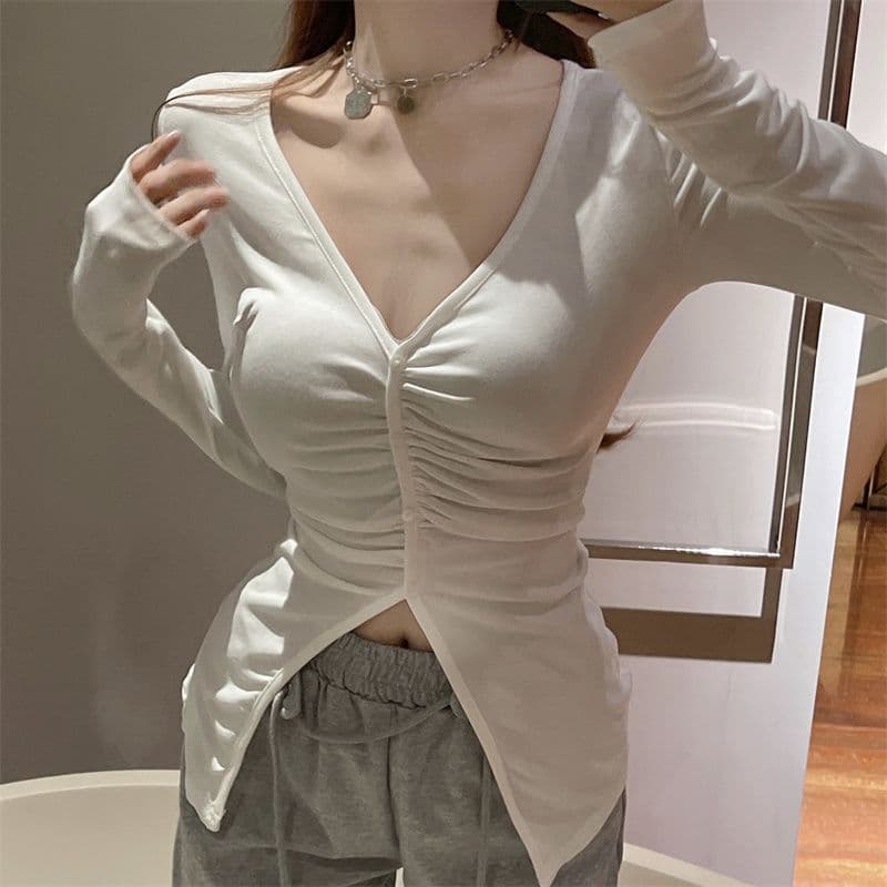 순수한 욕망 달콤한 매운맛 V넥 기본 셔츠 여성 외국 가스 디자인 센스 불규칙 주름 몸매 가꾸기 인사이드 잡아라. 의류 가을 겨울 새로운 상세 이미지 21