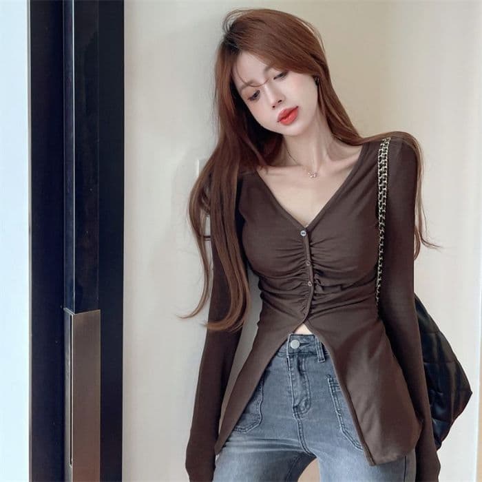 순수한 욕망 달콤한 매운맛 V넥 기본 셔츠 여성 외국 가스 디자인 센스 불규칙 주름 몸매 가꾸기 인사이드 잡아라. 의류 가을 겨울 새로운 상세 이미지 24