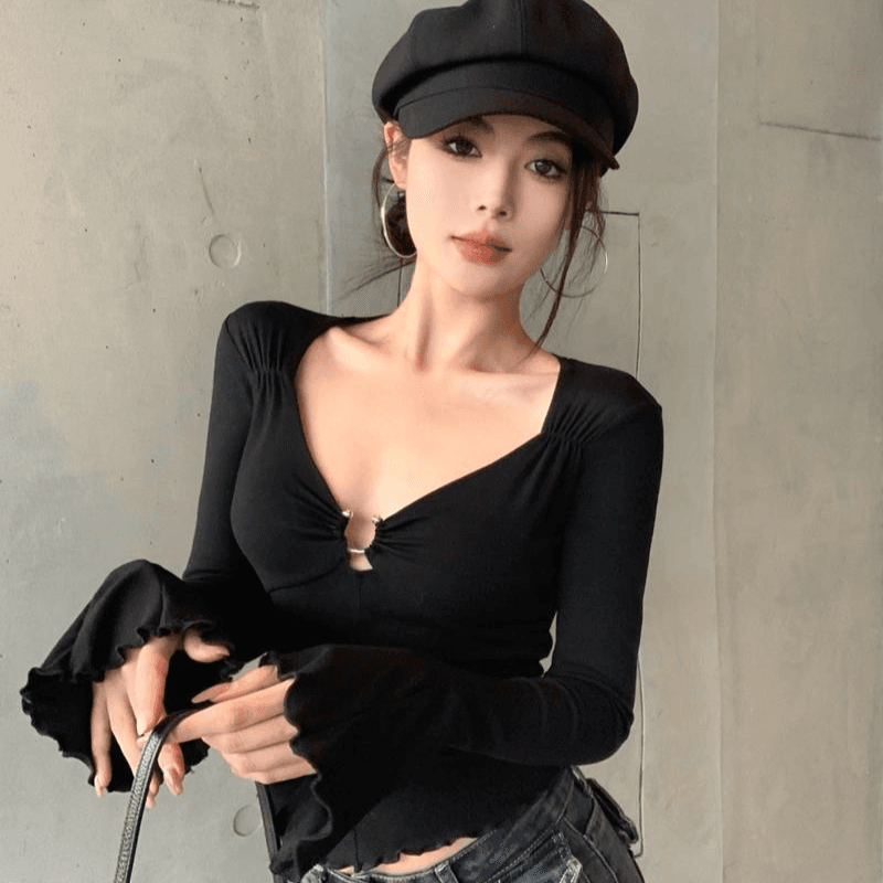 가을 순수한 욕망 핫걸 섹시함 홀로우 아웃 긴팔 나팔 소매 기본 셔츠 인사이드 가져 가라. 낮은 가슴 Chic 고유 한 짧은 여성 셔츠 이미지 4