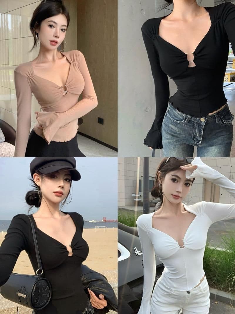 가을 순수한 욕망 핫걸 섹시함 홀로우 아웃 긴팔 나팔 소매 기본 셔츠 인사이드 가져 가라. 낮은 가슴 Chic 고유 한 짧은 여성 셔츠 상세 이미지 10