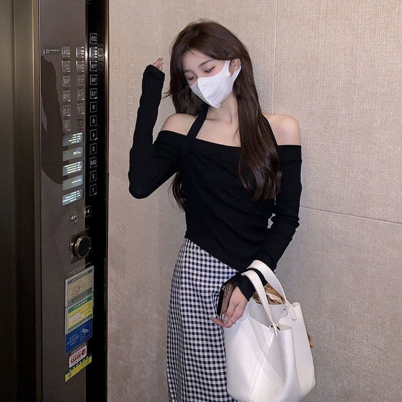 달콤한 핫걸 한 단어 새는 어깨 쇼트 스타일 맨위 여성 이른 가을 2026 새로운 ins 순수한 욕망 인사이드 가져 가라. 긴팔 기본 셔츠 상세 이미지 9