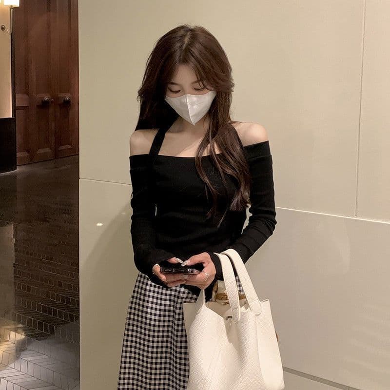 달콤한 핫걸 한 단어 새는 어깨 쇼트 스타일 맨위 여성 이른 가을 2026 새로운 ins 순수한 욕망 인사이드 가져 가라. 긴팔 기본 셔츠 상세 이미지 11