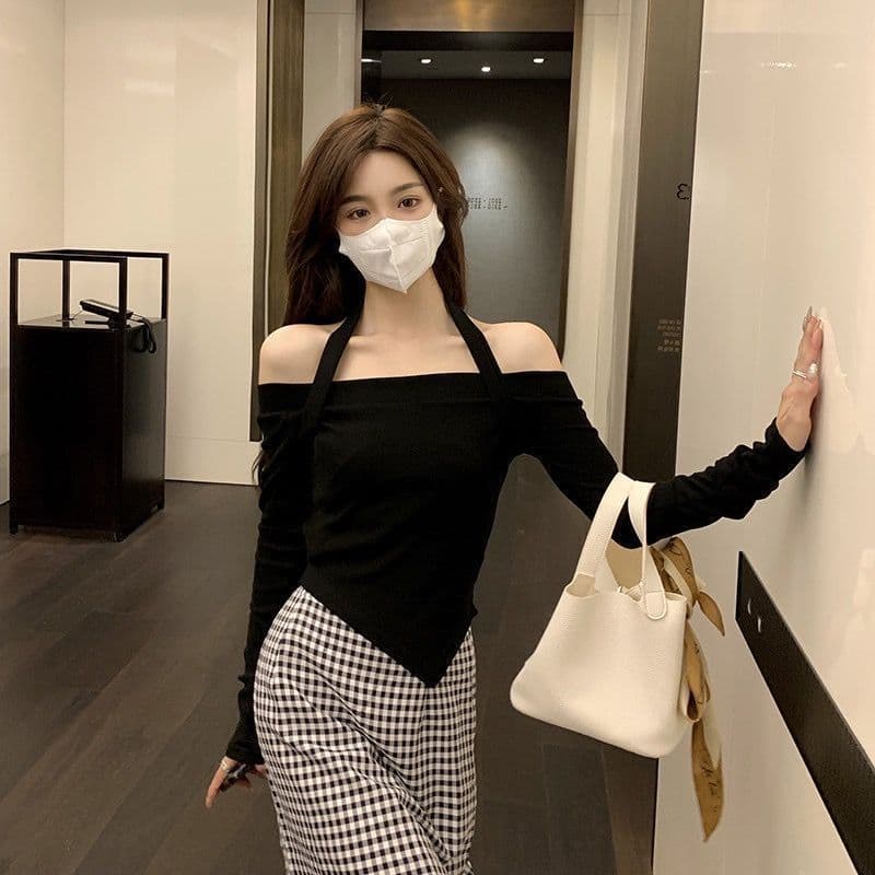 달콤한 핫걸 한 단어 새는 어깨 쇼트 스타일 맨위 여성 이른 가을 2026 새로운 ins 순수한 욕망 인사이드 가져 가라. 긴팔 기본 셔츠 상세 이미지 12