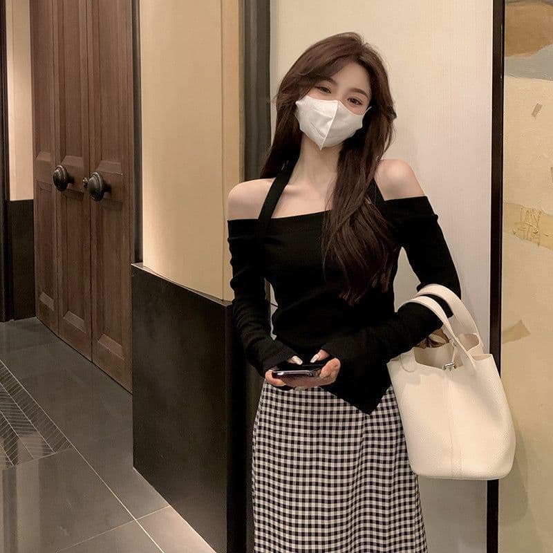 달콤한 핫걸 한 단어 새는 어깨 쇼트 스타일 맨위 여성 이른 가을 2026 새로운 ins 순수한 욕망 인사이드 가져 가라. 긴팔 기본 셔츠 상세 이미지 13