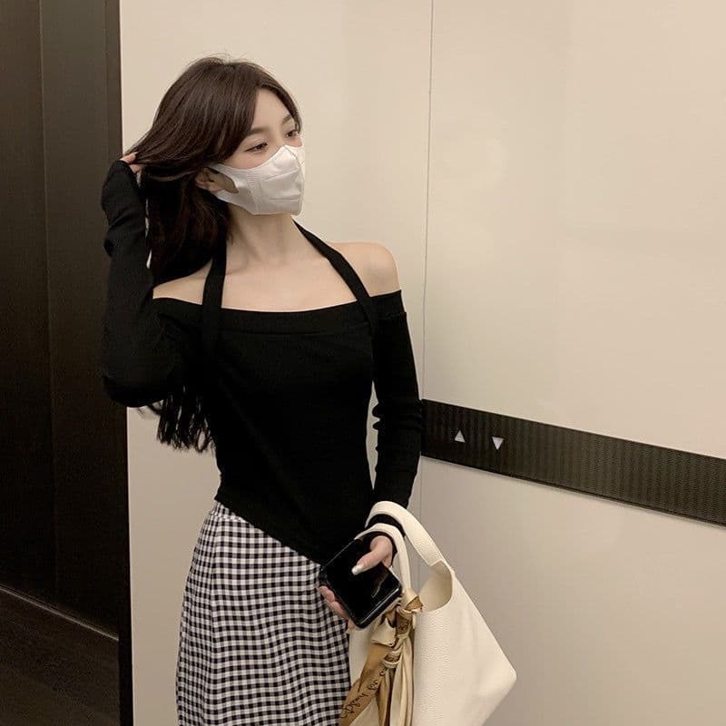 달콤한 핫걸 한 단어 새는 어깨 쇼트 스타일 맨위 여성 이른 가을 2026 새로운 ins 순수한 욕망 인사이드 가져 가라. 긴팔 기본 셔츠 상세 이미지 14