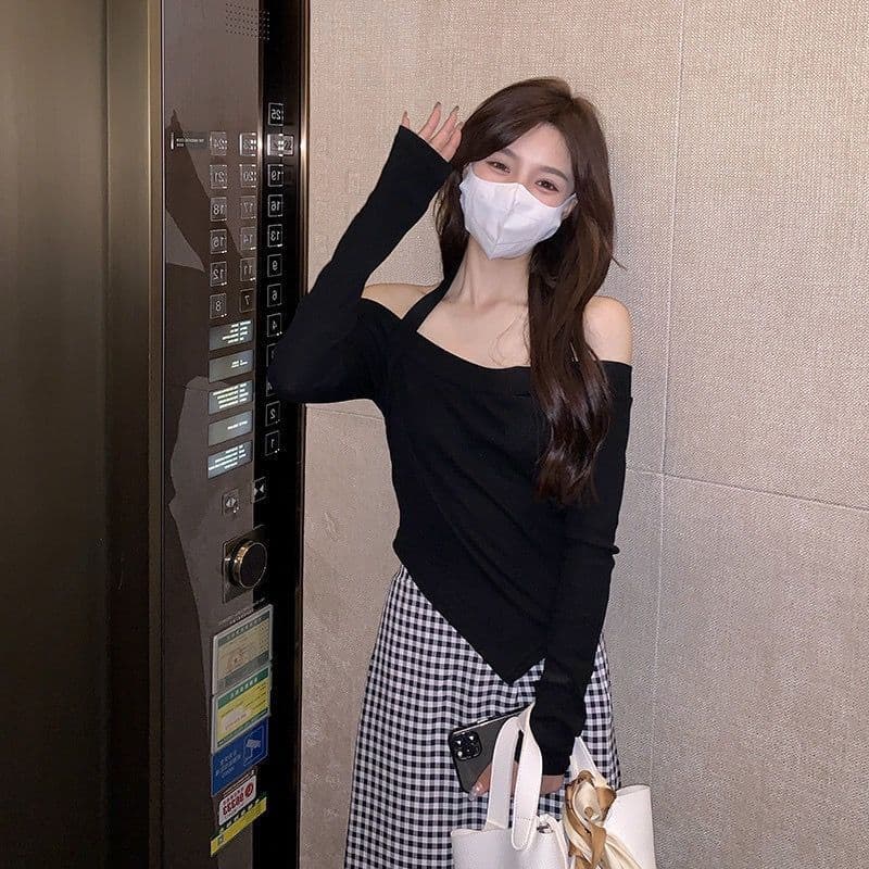 달콤한 핫걸 한 단어 새는 어깨 쇼트 스타일 맨위 여성 이른 가을 2026 새로운 ins 순수한 욕망 인사이드 가져 가라. 긴팔 기본 셔츠 상세 이미지 15