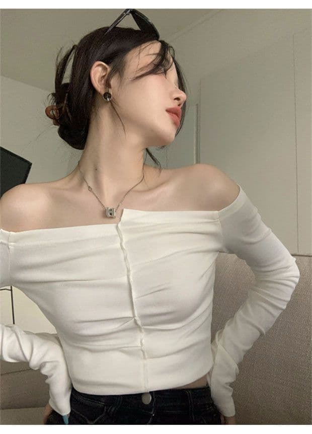 섹시함 핫걸 보트넥 오프숄더 하이웨이스트 쇼트 스타일 기본 셔츠 여성 가을 의상 긴팔 티셔츠 디자인 센스 맨위 이슬 뼈의 상세 이미지 7