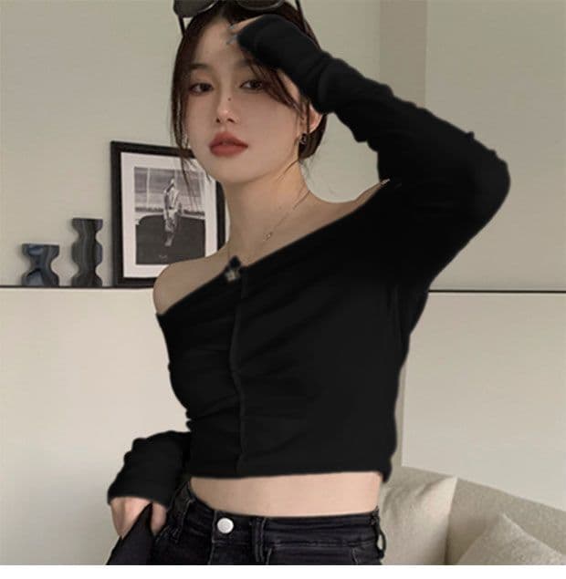 섹시함 핫걸 보트넥 오프숄더 하이웨이스트 쇼트 스타일 기본 셔츠 여성 가을 의상 긴팔 티셔츠 디자인 센스 맨위 이슬 뼈의 상세 이미지 9