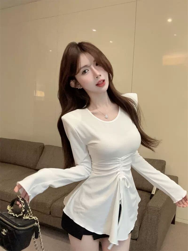 오프숄더 기본 셔츠 여성 가을 겨울 긴팔 티셔츠 검정색 슬림해 보이는 디자인 센스 작은 대중 섹시함 비스듬한 어깨 의류 상세 이미지 13