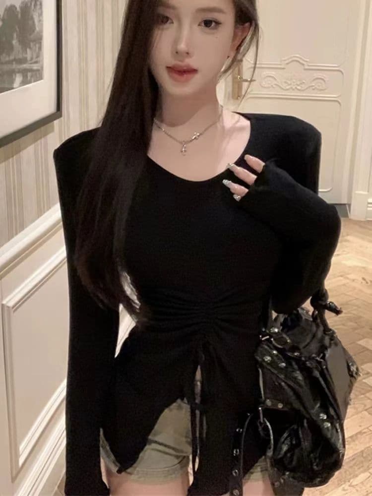 오프숄더 기본 셔츠 여성 가을 겨울 긴팔 티셔츠 검정색 슬림해 보이는 디자인 센스 작은 대중 섹시함 비스듬한 어깨 의류 상세 이미지 16