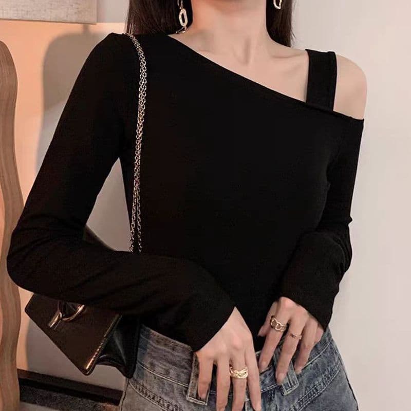 오프숄더 기본 셔츠 여성 가을 겨울 긴팔 티셔츠 검정색 슬림해 보이는 디자인 센스 작은 대중 섹시함 비스듬한 어깨 의류 상세 이미지 1