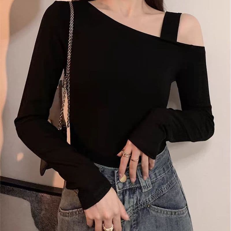 오프숄더 기본 셔츠 여성 가을 겨울 긴팔 티셔츠 검정색 슬림해 보이는 디자인 센스 작은 대중 섹시함 비스듬한 어깨 의류 상세 이미지 10